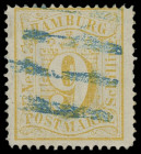 Markenausgaben
Hamburg
1864, 9 Schillinge gezähnt, farbfrisch, jedoch kleine Einschränkungen, mit sauber aufgesetztem blauen Vierstrichstempel. Ein ...