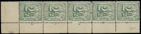 Markenausgaben
Hamburg
1867, 2 1/2 Schilling dunkelolivgrün, senkrechter Eckrand-Fünferstreifen mit Randnummern, dabei zwischen zweiter und dritter ...