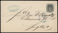 Ganzsachen
Hamburg
1866/67, 1/2 Schilling Ganzsachen-Kuverts ohne und mit Wasserzeichen, je mit blauem K2 des Stadtpost-Amtes, offensichtlich vom gl...