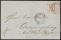 Stempel
Hamburg
"HAMBURG 11 3 1862" Thurn und Taxis-K1 sehr sauber auf allseits vollrandigem Kabinettstück 3 Silbergroschen braunrot, auf Faltbrief ...