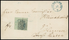 Markenausgaben
Hannover
1851, 1 Gutegroschen schwarz auf graugrün, sieben Qualitätsbriefe mit verschiedenen linken Rand-Nummern aus einem Postort (H...