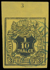 Markenausgaben
Hannover
1851/55, 1/30 Thaler schwarz auf rosalia (himbeerrot), 1/15 Thaler schwarz auf blau und 1/10 Thaler schwarz auf gelb, jeweil...
