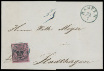 Markenausgaben
Hannover
1855, 1/30 Thaler schwarz auf rosalia (himbeerrot), mit Abart: kopfstehendes Wasserzeichen, sehr farbfrisches Luxusstück mit...