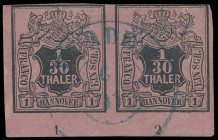 Markenausgaben
Hannover
1855, 1/30 Thaler lebhaftrosalila (himbeerrot), oben teils winzig tangiertes waagerechtes Eckrandpaar mit Randnummer "1" und...