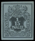 Markenausgaben
Hannover
1851, 1/15 Thaler schwarz auf graublau, farbfrisch und allseits sehr breitrandig, ungebraucht mit vollem Originalgummi (leic...