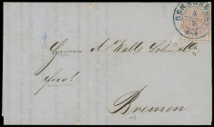 Markenausgaben
Hannover
1856, 3 Pfennige grau genetzt, farbfrisches Kabinettstück mit sauber und gerade aufgesetztem, blauem K2 "OSNABRÜCK 4/5" auf ...