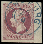 Markenausgaben
Hannover
1859, Kopfausgabe: 1 Groschen weinrot, grober Druck, farbtiefes Kabinett-Randstück mit Reihenzähler „4“ und kleinem Teil der...
