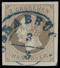 Markenausgaben
Hannover
1861, Kopfausgabe: 3 Groschen ockerbraun (graubraun), ganz typische Farbe, sehr breitrandiges Kabinettstück mit sauberem bla...