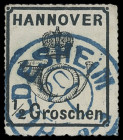 Markenausgaben
Hannover
1864, 1/2 Groschen schwarz, durchstochen, mit weißer Gummierung, Kabinettstück mit sauber und zentrisch aufgesetztem, blauem...