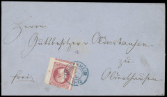 Markenausgaben
Hannover
1864, Kopfausgabe: 1 Groschen durchstochen, mit Plattenfehler unter "ER", Randstück mit Trennung auf Kosten von drei Nebenma...