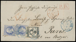 Markenausgaben
Hannover
1864, 1/2 Groschen schwarz, durchstochen, Unterrrandstück, mit zwei 2 Groschen blau, ebenfalls durchstochen, mit blauen K2 "...