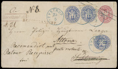 Stempel
Hannover
„EYSTRUP 25 5“ blauer Grotesk-K1, sehr sauber nachverwendet auf drei Preußen 1861, Wappenausgabe, 2 Silbergroschen blau, auf 1 Silb...