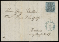 Stempel
Hannover
"HILDESHEIM" Antiqua-K1 in früher blauer Stempelphase 1851, zwei Qualitäts-Briefe Inlandsmarke/Postvereinsmarke = 1 Gutegroschen bl...