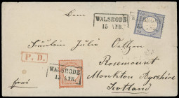 Stempel
Hannover
„WALSRODE“ nachverwendeter Hannover-Ra2, sauber auf zwei Brustschild-Briefen mit 2 1/2 Groschen-Frankaturen nach Schottland. Ungewö...