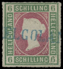 Markenausgaben
Helgoland
1867, 6 Schilling durchstochen, mit sehr sauber und gerade aufgesetztem L1 "HELGOLAND" in seltener blauer Farbe. Trotz unau...