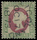 Markenausgaben
Helgoland
1873, Fehldruck 1/4 Schilling grün/karmin, kleinformatige Marke aus der obersten Markenreihe (Bogenfeld 8), repariert, jedo...
