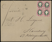 Markenausgaben
Helgoland
1879/90, 5 Pfennig lebhaftlilakarmin/grün, farbfrischer Viererblock (oben zwei verkürzte Zähne) mit zentrischen KBS "HELIGO...