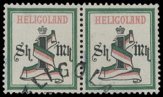 Markenausgaben
Helgoland
1879, 1 Mark blaugrün/grauschwarz/mittelrosa, waagerechtes Pracht-Paar mit sauberem KBS "HELIGOLAND". Gestempelte Einheiten...