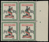 Markenausgaben
Helgoland
1879/90, 1 Mark grün/schwarz/lebhaftrot, stark satiniertes Papier, Viererblock mit breitem rechten Bogenrand mit Anlagepunk...
