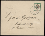 Markenausgaben
Helgoland
1879, 5 Mark grün/schwarz/rot, unregelmäßig gezähntes Prachtstück mit leichtem KBS "HELIGOLAND 1890" auf Briefkuvert nach H...