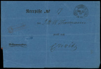 Lübeck
„LÜBECK 29/12 69“ sauberer Hufeisen-Stempel auf eingeschriebener dunkelblauer Retour-Recipisse (1869), innen mit NDP 2 Groschen gezähnt und sa...