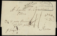 Vorphilatelie
Lübeck
1845/50 (ca.), Faltbrief mit sauberem Thurn und Taxis-HKS „LÜBECK 4 Sept.“ nach Rom, mit Vermerk „fr. Gränze“ und L2 „ALTA. GER...