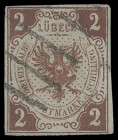 Markenausgaben
Lübeck
1859, Lübeck-Fehldruck, 2 Schilling braun mit fehlerhafter Inschrift "ZWEI EIN HALB", sehr farbfrisch und allseits voll- bis b...