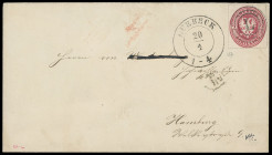 Markenausgaben
Lübeck
1863, 2 Schilling karmin, sauber durchstochenes Luxusstück mit ideal zentrischem „L“ und Aufgabe-K2 „LUEBECK 20/4“ auf Briefku...