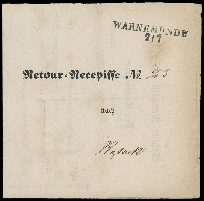 Mecklenburg-Schwerin
1866 (ca.), sehr seltene Retour-Recepisse von „WARNEMÜNDE ...