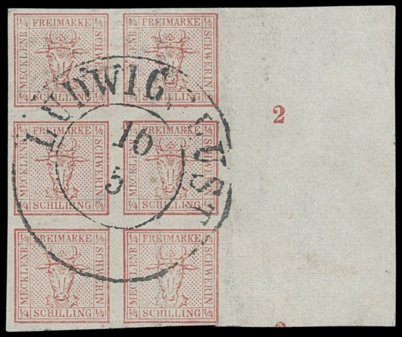 Markenausgaben
Mecklenburg-Schwerin
1856, 1/4 Schillinge graurot, senkrechter ...