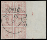 Markenausgaben
Mecklenburg-Schwerin
1856, 1/4 Schillinge graurot, senkrechter Sechser-Block mit breitem rechten Bogenrand mit Reihenzähler "2" und k...