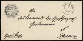 Stempel
Mecklenburg-Schwerin
„GROS HERZOGL. MECKLENB. GENDARMERIE 2 PF BRGD.“ schwarzer Siegel-K1 (ca. 1857), sehr sauber auf Hülle einer Dienstsach...