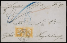 Markenausgaben
Preussen
1857, 3 Silbergroschen glatter Grund, farbfrisches und allseits breitrandig geschnittenes waagerechtes Luxus-Paar mit zentri...