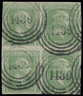Markenausgaben
Preussen
1858, 4 Pfennige gegitterter Grund, grün, dünnes Papier, farbfrischer und allseits breitrandiger Viererblock (linke obere Ma...