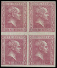 Markenausgaben
Preussen
1858, 1 Silbergroschen gegitterter Grund, karmin, farbfrischer und allseits voll- bis breitrandiger Viererblock, ungebraucht...
