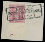 Markenausgaben
Preussen
1858, 1 Silbergroschen gegitterter Grund, rosa, sehr breites Unterrandstück, mit Randnummer „7“ und roter Auflagen-Ziffer „1...