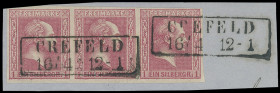 Markenausgaben
Preussen
1858, 1 Silbergroschen gegitterter Grund, karmin und rot, beide Farben in drei schönen waagerechten Einheiten (zwei Dreierst...