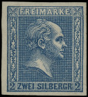 Markenausgaben
Preussen
1858, 2 Silbergroschen gegitterter Grund, seltenste Farbe schwarzblau (dunkelpreußischblau), enorm farbtiefes und allseits ü...