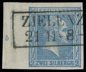 Markenausgaben
Preussen
1858, 2 Silbergroschen gegitterter Grund, breites linkes Randstück mit Reihenzähler „5“ sowie sehr sauber und gerade aufgese...