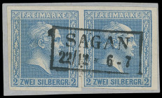 Markenausgaben
Preussen
1858, 2 Silbergroschen gegitterter Grund, blau, Kabinett-Paar (Vortrennschnittchen im Unterrand) mit zentrischen Ra2 „SAGAN ...