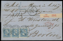 Markenausgaben
Preussen
1858, 2 Silbergroschen gegitterter Grund, blau, farbfrischer und allseits voll- bis breitrandiger waagerechter Dreierstreife...
