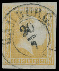 Markenausgaben
Preussen
1858/59, 3 Silbergroschen gegitterter Grund, gelb, mit auffälliger Druckzufälligkeit „gesamtes Gesicht des Königs weiß“, all...