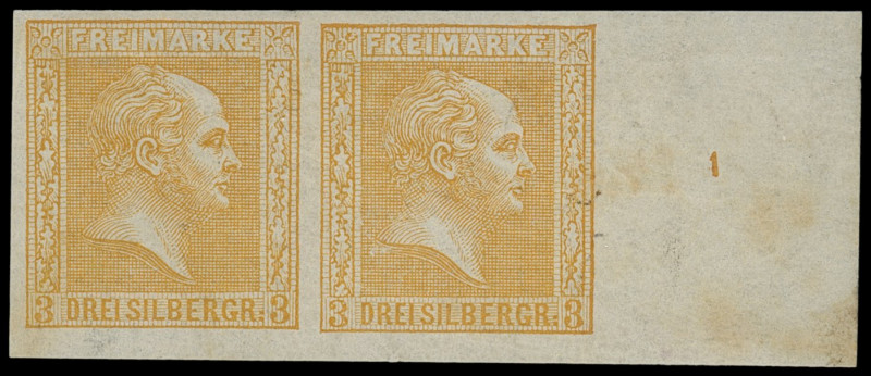 Markenausgaben
Preussen
1858/59, 3 Silbergroschen gegitterter Grund, orangegel...