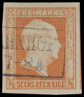 Markenausgaben
Preussen
1859, 6 Pfennige ohne Wasserzeichen, allseits enorm breit gerandet und mit sauberem Ra2. Ausnahmestück dieser Marke in Luxus...