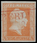 Markenausgaben
Preussen
1859, 6 Pfennige ohne Wasserzeichen, farbfrisches Luxusstück, mit sauber und gerade aufgesetztem Ra2 „BERLIN 5 2“ in Rot. Ei...