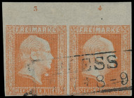 Markenausgaben
Preussen
1859, 6 Pfennige ohne Wasserzeichen, orange, waagerechtes Kabinett-Paar mit breitem Oberrand und Randnummern „3“ und „4“, fa...