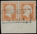 Markenausgaben
Preussen
1859, 6 Pfennige ohne Wasserzeichen, orange, waagerechtes Kabinett-Paar mit enorm breitem Unterrand, farbfrisch und allseits...