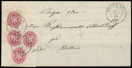 Markenausgaben
Preussen
1861, Wappenausgabe: 1 Silbergroschen rosa, waagerechtes Paar und zwei Einzelstücke mit sehr sauberen K2 „PASEWALK 13 5 64“ ...