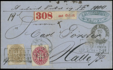 Markenausgaben
Preussen
1861, Wappenausgabe: 1 Silbergroschen rosa und 3 Silbergroschen braun auf Paketbegleitbrief nach Halle an der Saale und dabe...