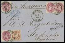 Markenausgaben
Preussen
1861, Wappenausgabe: 6 Pfennige orange zusammen mit waagerechtem Paar und zwei Einzelstücken 1 Silbergroschen rosa, sowie 2 ...